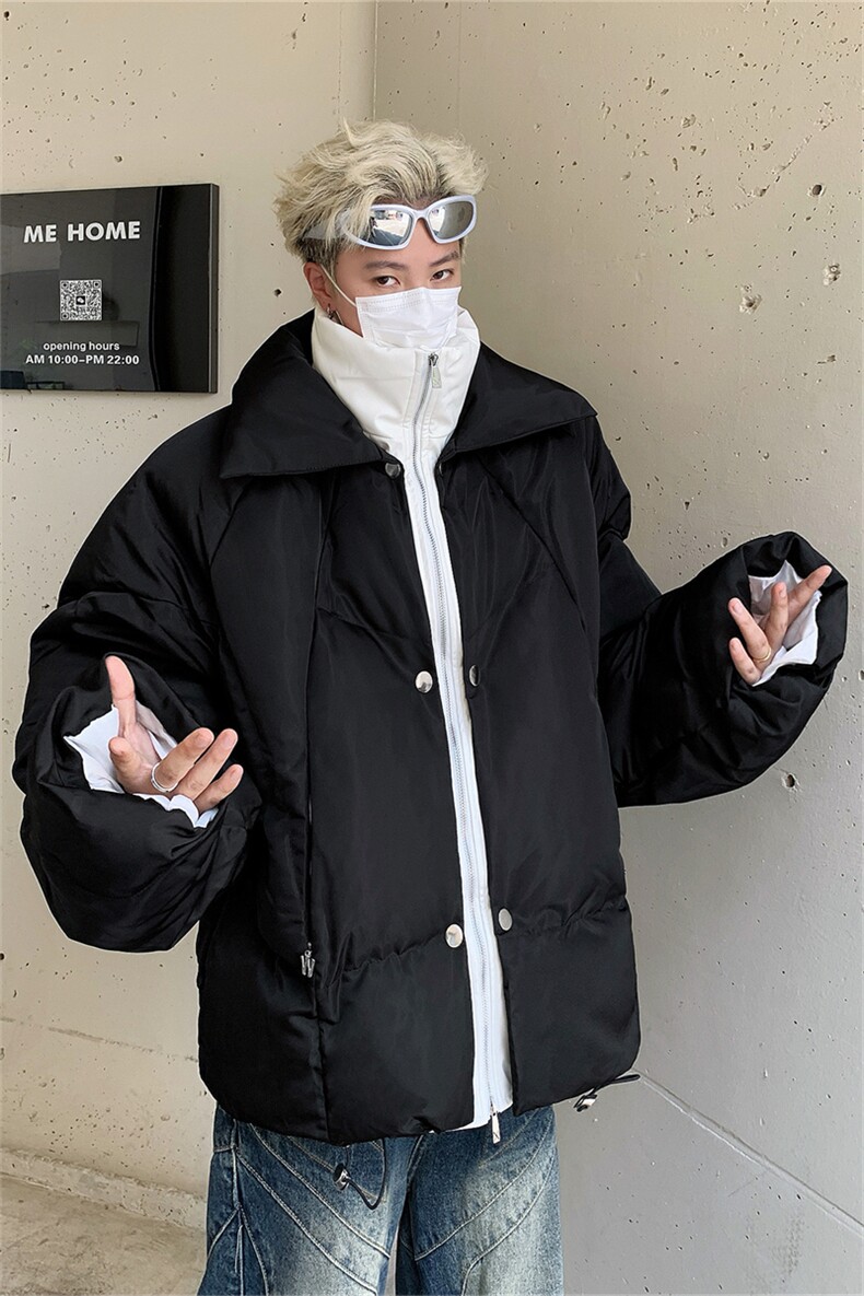 冬PU皮小众光亮面双层加厚宽松棉服立领面包服金属纽扣假两件棉衣,男装棉衣,星座505-2（原电商A260-1)