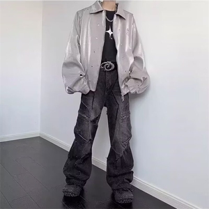 液体金属小众设计感垫肩翻领夹克男高级感韩版宽松痞帅短款外套潮