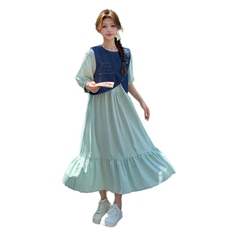 设计感牛仔马甲连衣裙两件套女2025夏季新款韩系收腰显瘦长裙套装，女装连衣裙，2C285