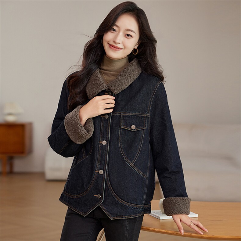 加绒牛仔外套女小个子秋冬2024新款羊羔绒派克服加厚保暖夹克上衣，女装牛仔外套，文熹诺