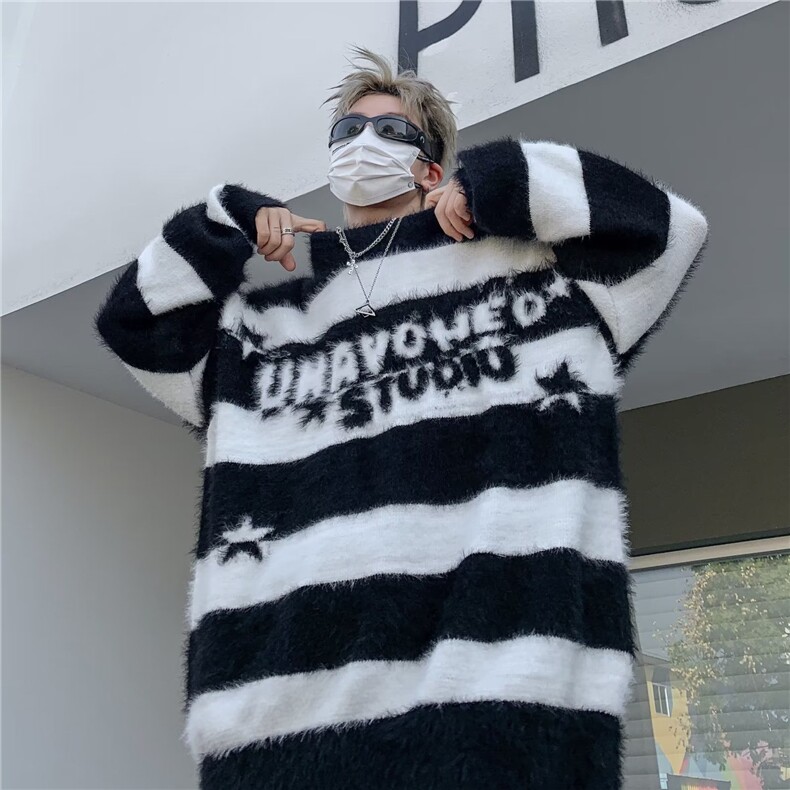 美式古着条纹水貂毛衣女2023新款秋冬季情侣慵懒外穿针织上衣,男装针织衫/毛衣,四季星座218-1
