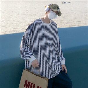 夏季日系宽松情侣条纹T恤潮流港风ins长袖圆领上衣男 T1301-P24图片