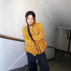2025美式复古多巴胺黄色格子衬衫男女高街衬衣开衫长袖外套上衣，男装衬衫，星座506A