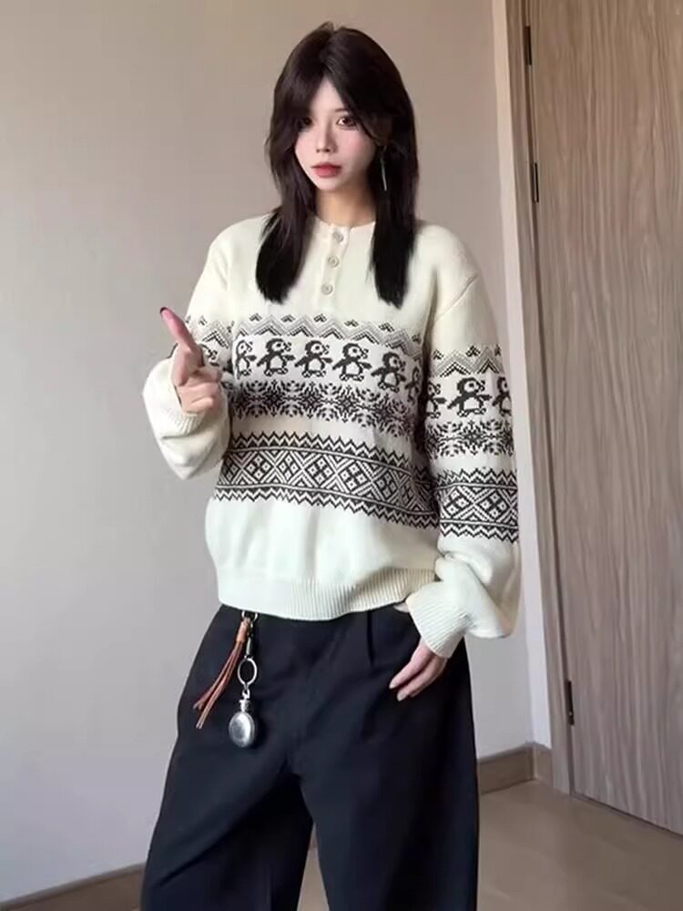 网图圣诞企鹅费尔岛亨利领毛衣美式复古提花针织衫MYZ9584-特P65,男装针织衫/毛衣,星座1007（原301D）