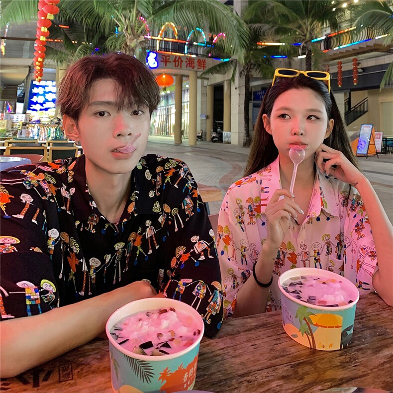 EQ411夏威夷风可爱卡通夏季旅游度假沙滩情侣装衬衫男女短袖潮流,女装衬衫,电商C306-1