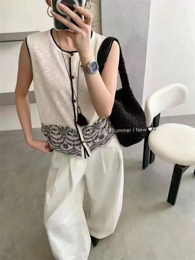 夏季新款简约竹节麻民族风提花坎肩女宽松百搭显瘦时尚休闲上衣,针织衫/毛衣,雪真羊绒