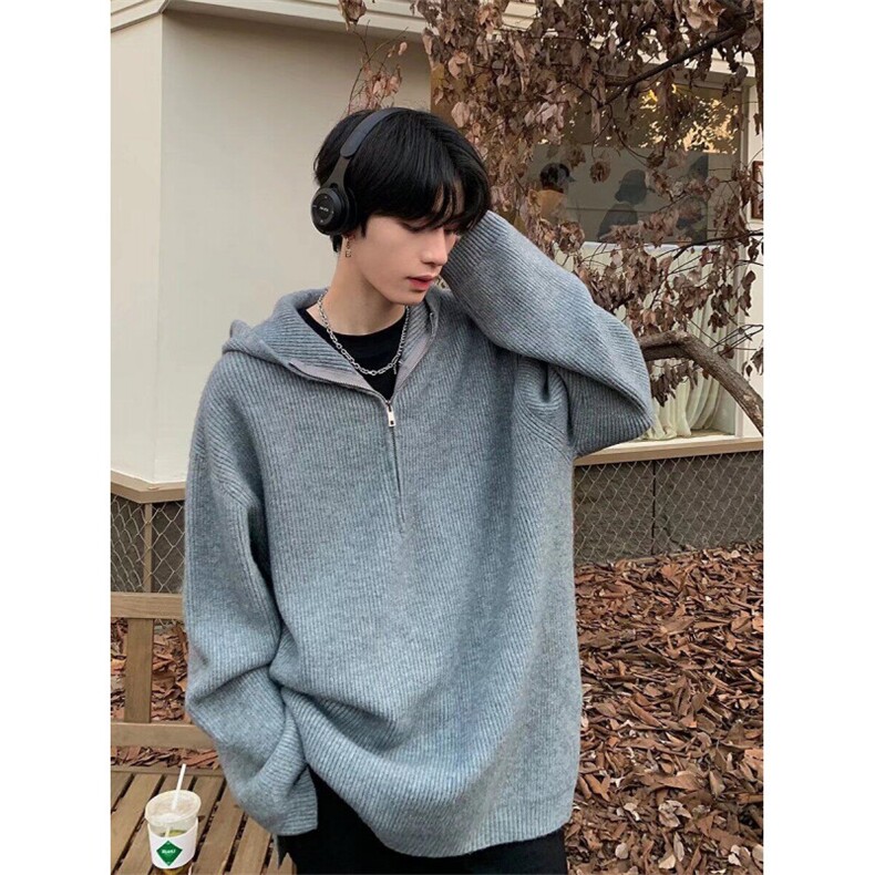 秋季潮套头休闲常规水洗慵懒风百搭纯色拉链宽松连帽毛衣长袖带帽,男装针织衫/毛衣,星座506