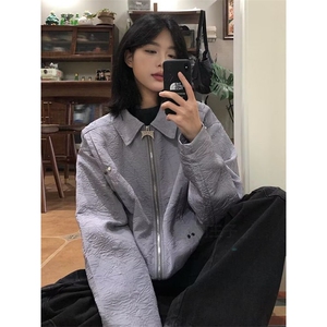 美式复古铆钉褶皱夹克女秋冬休闲帅气潮牌短款翻领外套,男装夹克,星座506A,尚志市闺蜜女装服装销售店