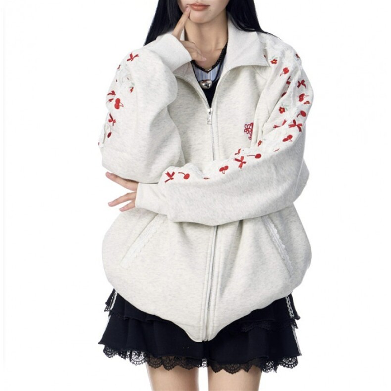 【004】小花刺绣立领卫衣开衫男女宽松bf风外套A079-A273-P60，女装短外套，电商A079