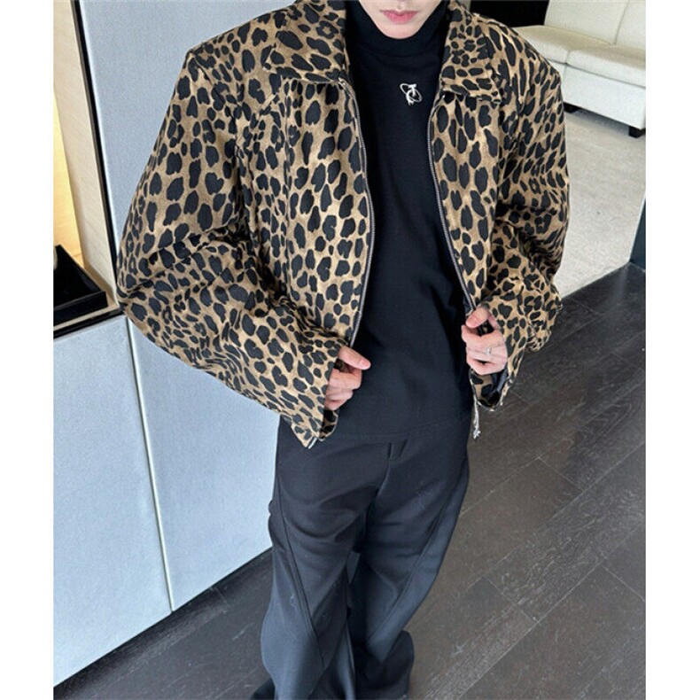 美式豹纹牛仔夹克男春秋小众欧美翻领设计感短款宽松外套J8218，男装夹克，星座1116A-1（原606A）