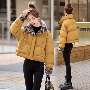 短款羽绒服女2024冬季新款小个子高级感超好看洋气拼接格子面包服图片