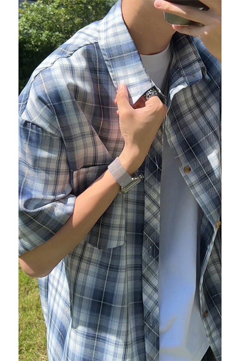 藏青格子短袖衬衫男款夏季薄款格纹撞色衬衣少年感穿搭五分袖外套,男装衬衫,电商A007