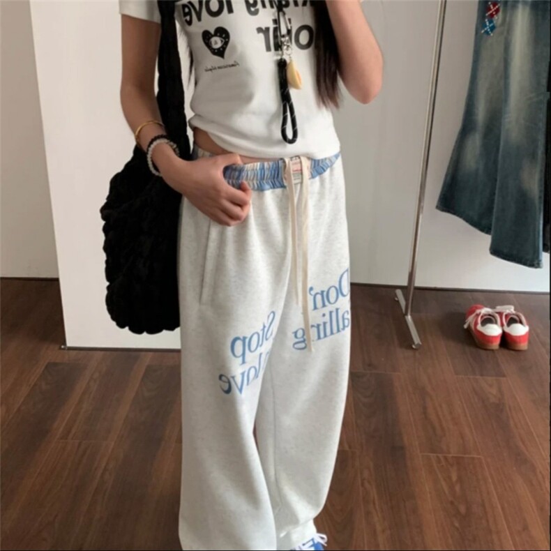 美式复古格子拼接运动街舞卫裤女宽松直筒阔腿休闲高街裤子图片