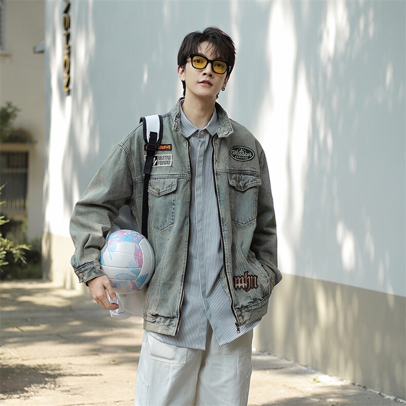 潮牌机车风绣标牛仔外套男美式复古做旧翻领棒球服NZ1721-P75,女装职业装,星座310B