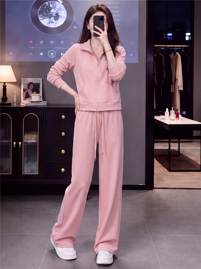 高级感时尚休闲运动服套装女春秋新款立领长袖卫衣阔腿长裤两件套,女装套装/套裙,江南