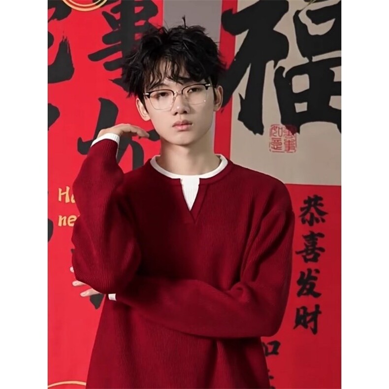 网图76323-特P65新年红色假两件V领毛线衣男本命年内搭针织衫,男装针织衫/毛衣,电商D310B