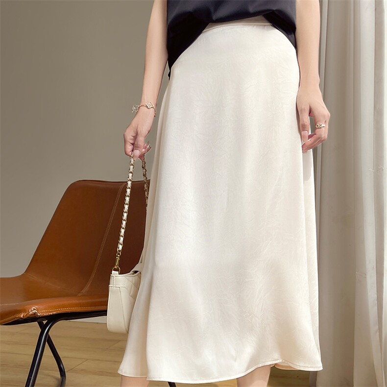 精致真丝半身裙女提花醋酸夏季新款中长款高腰A字裙子松紧腰鱼尾，女装半身裙，暖习羊绒
