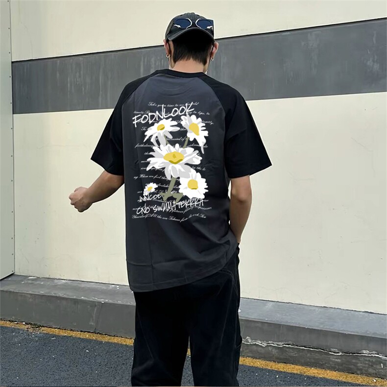 抖音得物供货240克宽松纯棉美式潮牌印花插肩袖拼接短袖T恤AT1512,男装T恤,电商A443