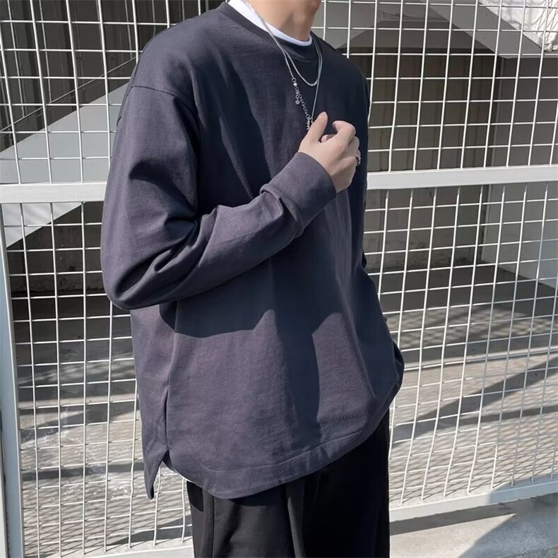 测口袋春秋季新款男纯色圆领长袖T恤网红同款百搭上衣TX125P33,男装T恤,星座410-2
