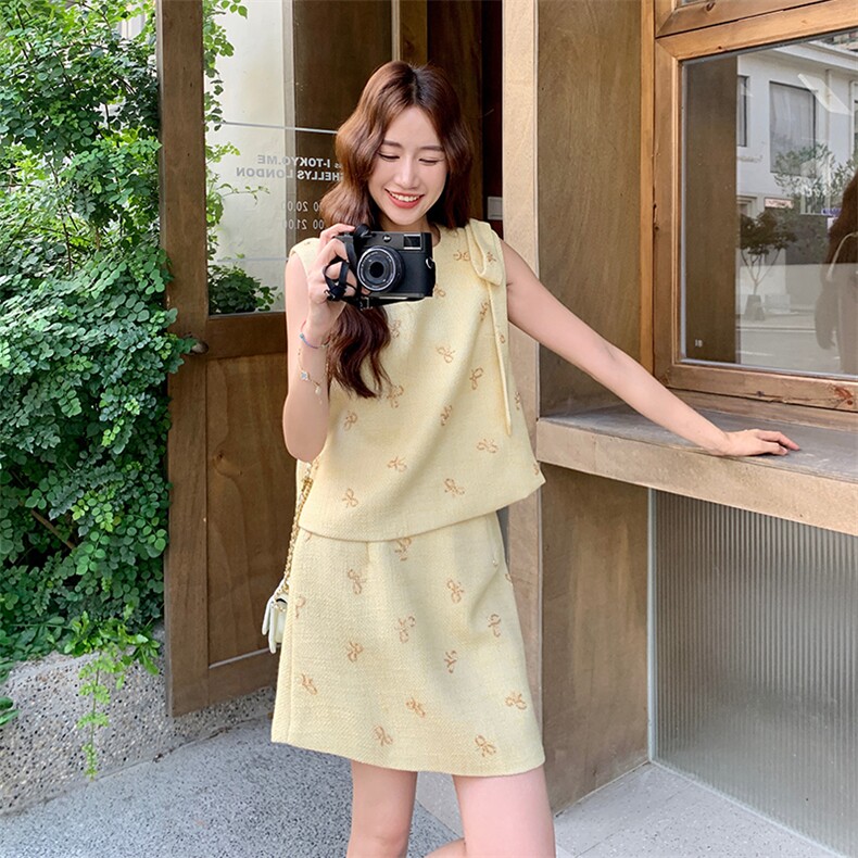 韩版气质小香风蝴蝶结套装女2025夏季新款背心上衣半身短裙两件套,女装套装/套裙,2D034