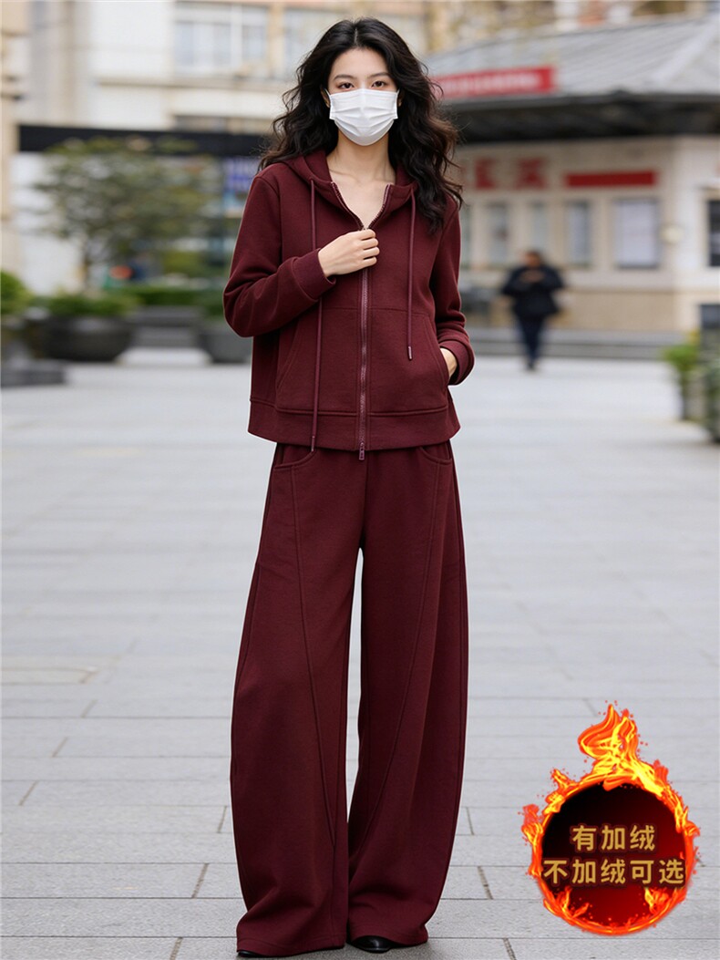 时尚休闲运动套装女秋冬款洋气减龄气质拉链连帽卫衣直筒裤两件套,女装套装/套裙,江南