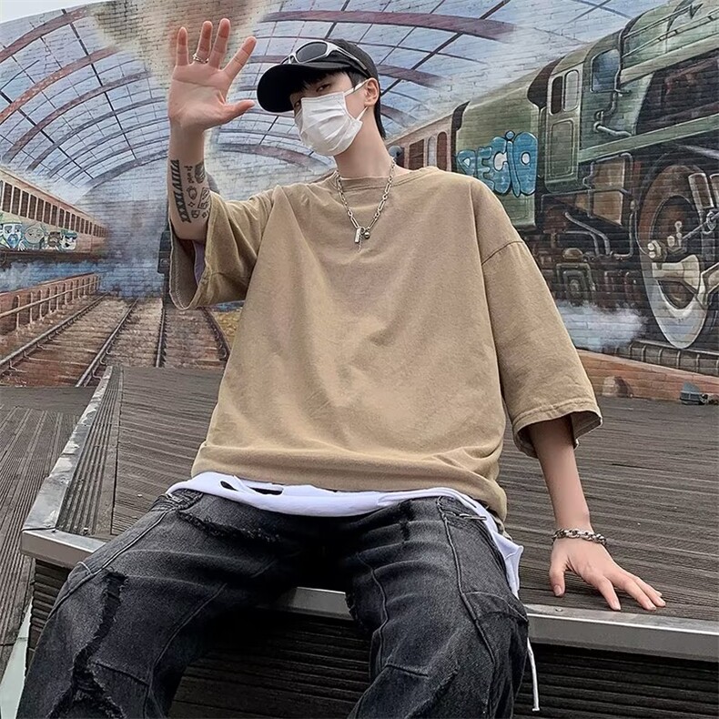 水洗做旧重磅纯短袖t恤男夏季圆领美式复古大码半袖T300-P32,男装T恤,星座1001-1
