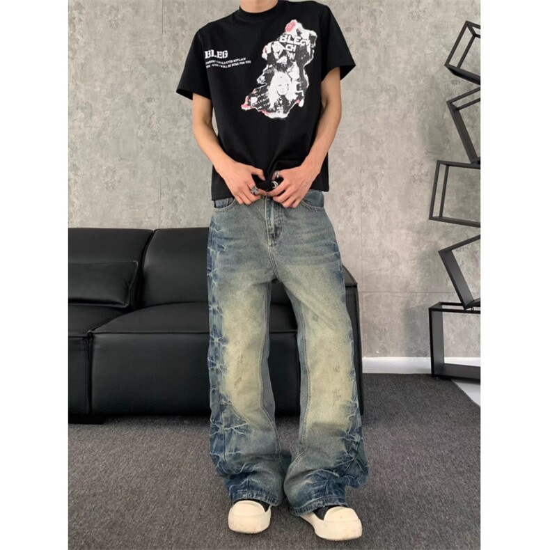 布老哥Blog美式复古水洗扎花牛仔裤宽松百搭微喇做旧直筒裤,男装牛仔裤,四季星座505