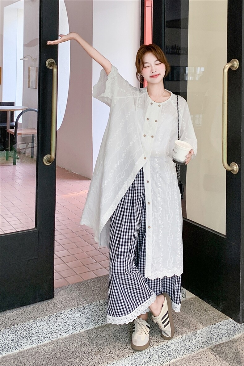 森系慵懒风刺绣连衣裙套装女2025夏新款复古宽松格子阔腿裤两件套,女装套装/套裙,2B237