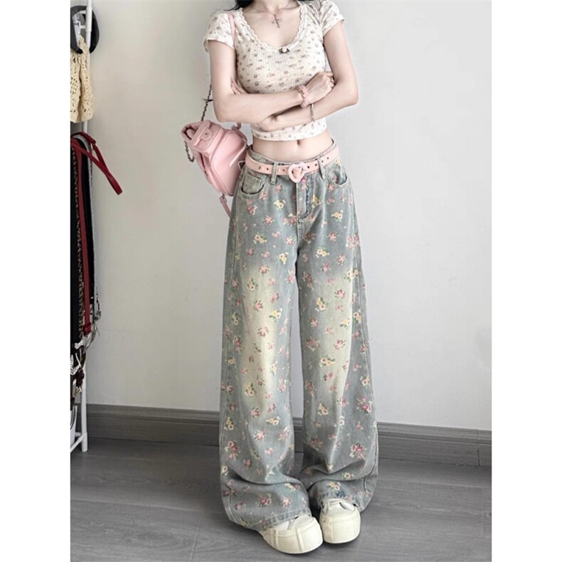 AK2063-P62美式复古花卉满印高腰宽松牛仔裤，女装休闲裤，星座617A-2