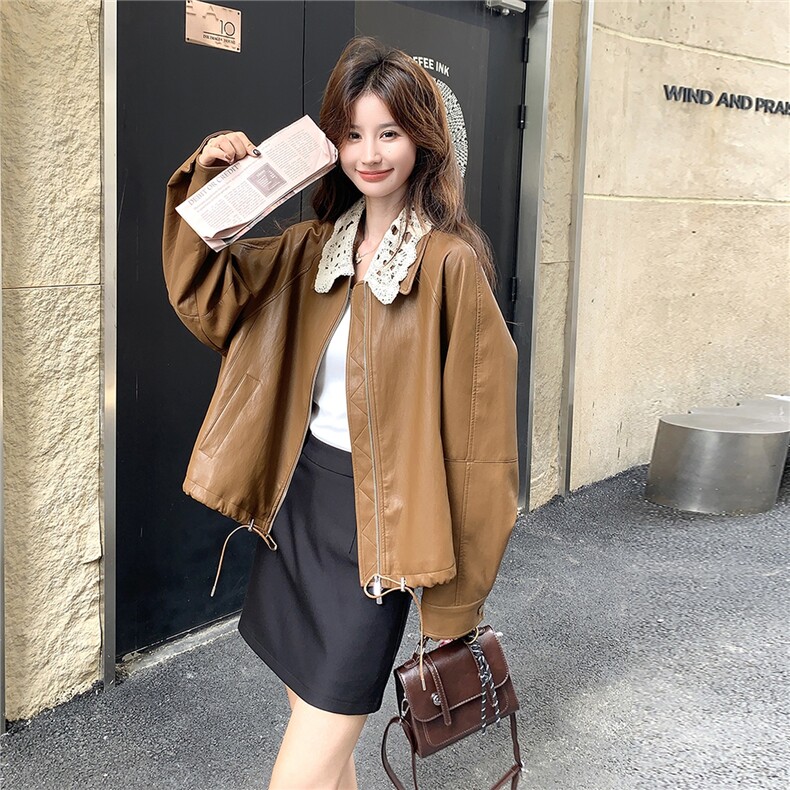 韩里韩气甜酷复古蕾丝拼接皮衣外套女2025春秋高级小众短夹克上衣,女装皮衣,维壹