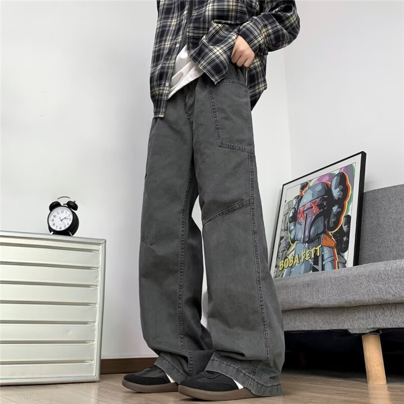 水洗拼接工装牛仔裤男显瘦中腰直筒休闲微喇阔腿裤N1007/P64，男装牛仔裤，星座506