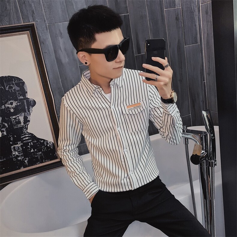 秋季条纹弹力长袖修身衬衫社会小伙休闲潮男衬衣C301B-CS06特,男装衬衫,电商C301B