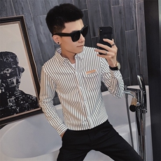 秋季条纹弹力长袖修身衬衫社会小伙休闲潮男衬衣C301B-CS06特，男装衬衫，电商C301B