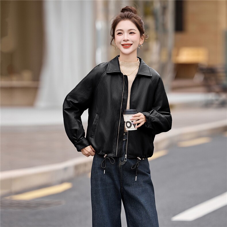 2025新款高级感小个子美拉德咖色翻领短款皮衣外套女秋冬加绒加厚,女装皮衣,美拉德工厂直营店