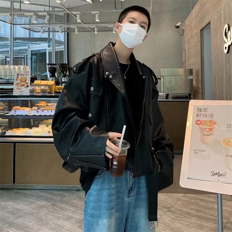 高品质秋款男皮衣休闲短款夹克工装皮带机车铆钉外套HT15-P93图片