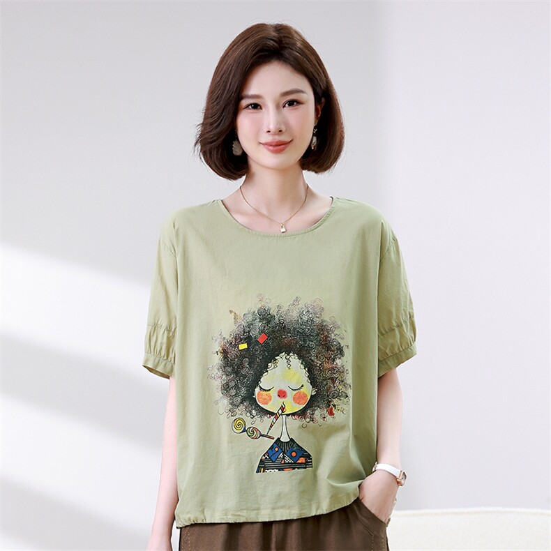 时尚宽松短袖T恤女夏季新款卡通印花上衣百搭休闲女装衬衫,女装衬衫,叶笙衣