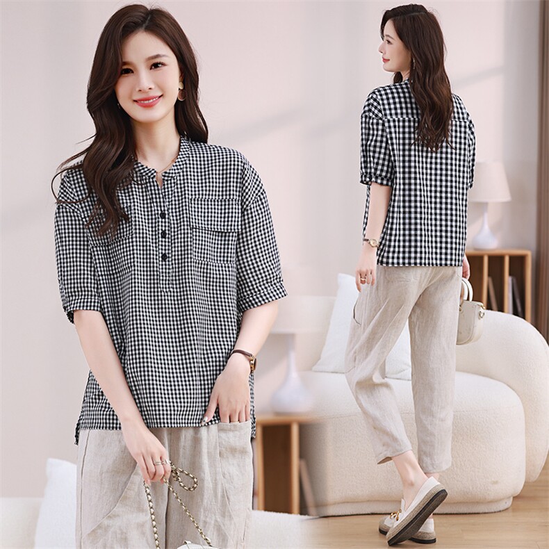 纯棉格子衬衫女短袖2024夏季新款百搭韩版衬衣妈妈气质小衫，女装衬衫，江忆布依