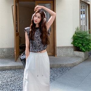 韩系设计感复古印花T恤套装裙女2025夏新款高腰显瘦半身裙两件套图片