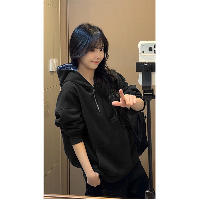 学院清新格子帽半拉链卫衣舒适通勤简约时尚外套HY922TP48控89,女装短外套,电商A102B