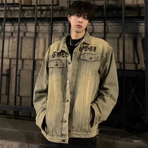 牛仔外套男黄泥染水洗做旧春秋季美式复古街头宽松休闲情侣夹克潮图片