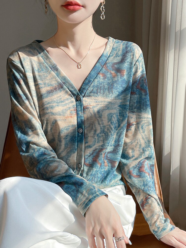 v领新款针织女长袖花色简约百搭宽松开衫上衣,针织衫/毛衣,绒宛羊绒