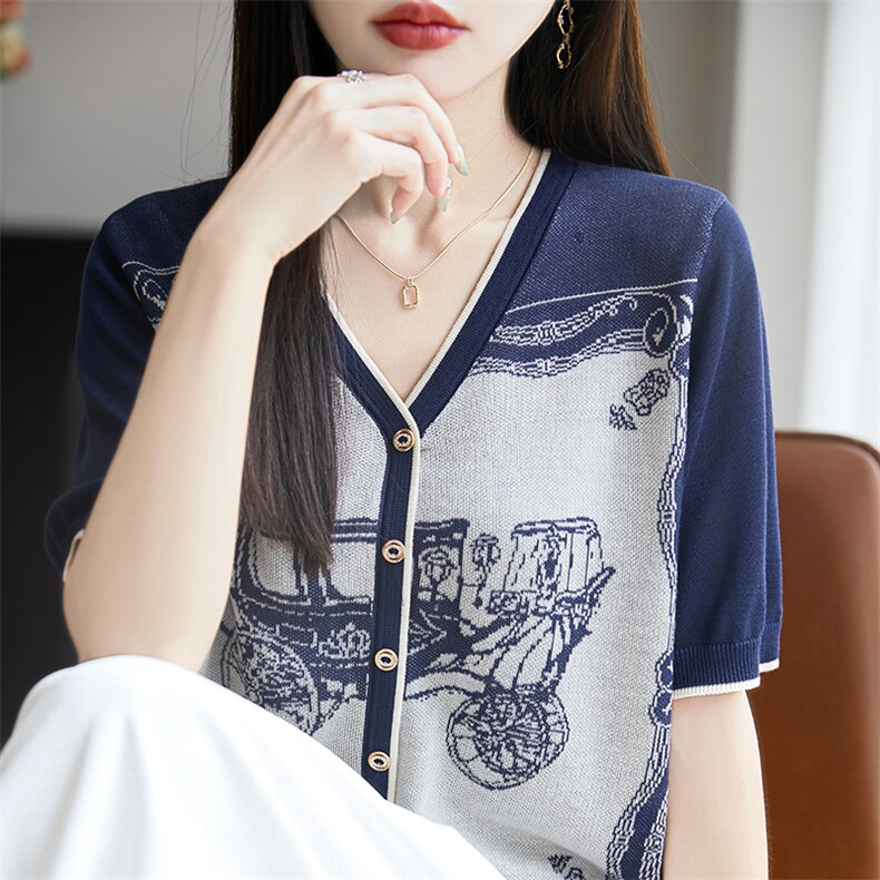 夏季常规V领提花套头假开衫短时尚百搭上衣,女装T恤,暖圣羊羊绒