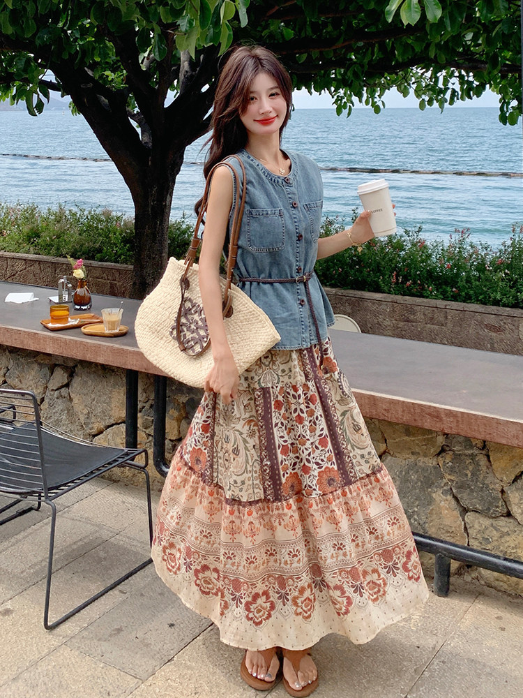 收腰单排扣牛仔马甲印花半身裙套装女2025夏季气质淡人穿搭两件套，女装运动套装，浙宝285（原212）