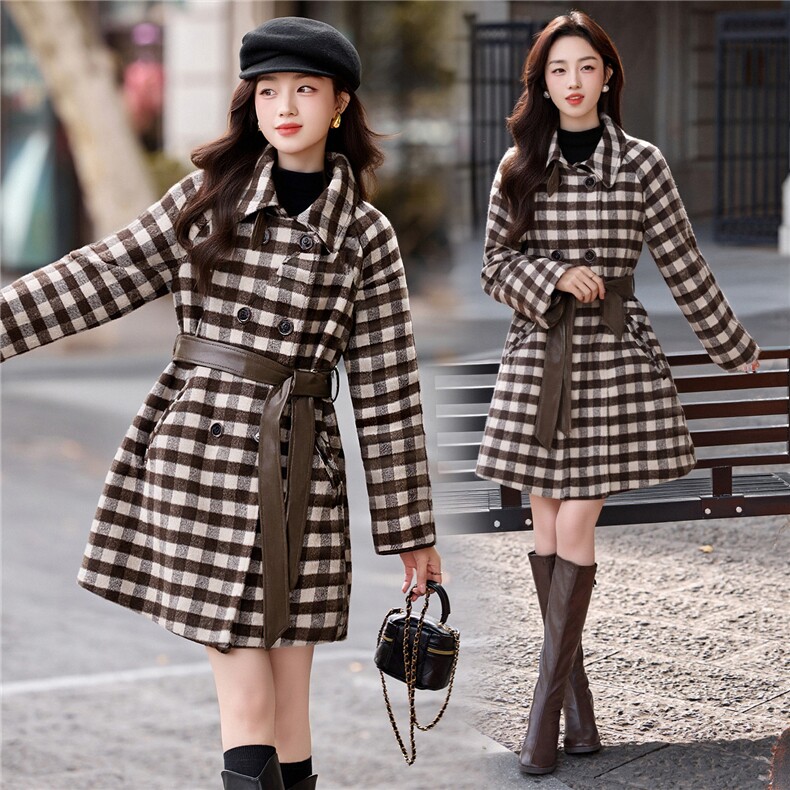 现货主推新款简约时尚休闲气质加厚保暖拼接双面顺毛呢大衣送腰带，女装双面呢大衣，韩美纤衣