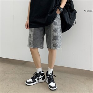 夏季潮流腰果花牛仔短裤男宽松ins港风五分裤 A125-DK19-P38图片