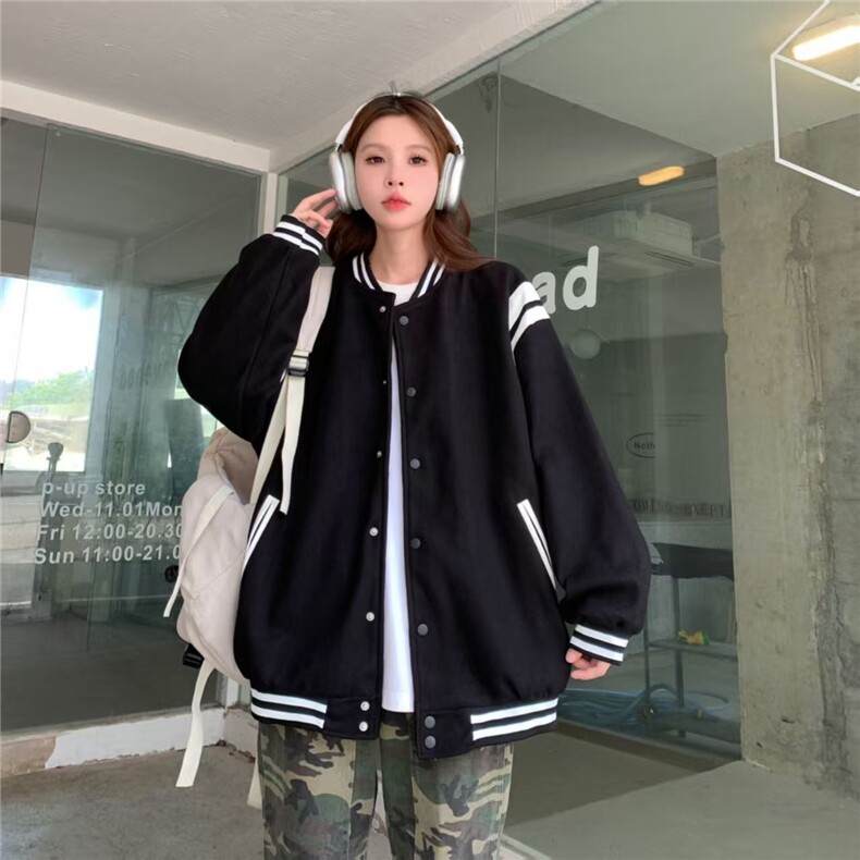 复古撞色vibe风条纹灰色棒球服春季2025新款街头潮酷嘻哈夹克外套,男装夹克,星座506A