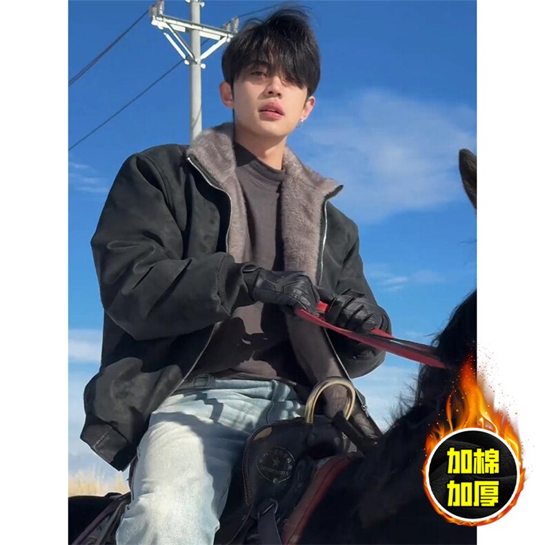 现货高品质美式高街重磅座山雕毛毛立领pu麂皮棉衣男女加厚外套冬，男装棉衣，电商A486-1