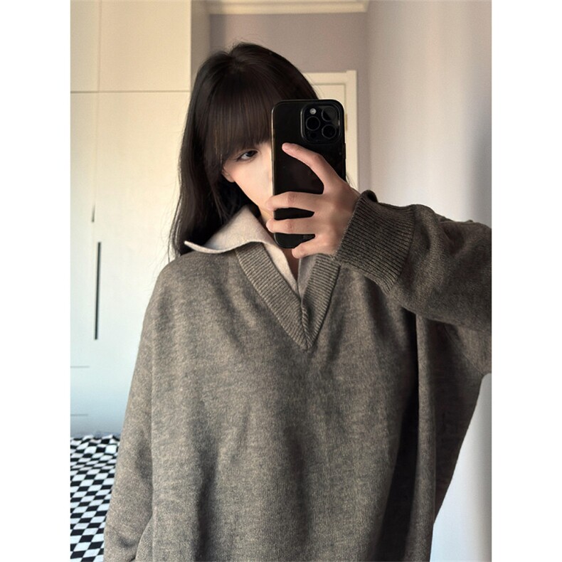 网图现货 复古假两件v领翻领毛衣冬季cleanfit针织衫上衣外套 P58图片