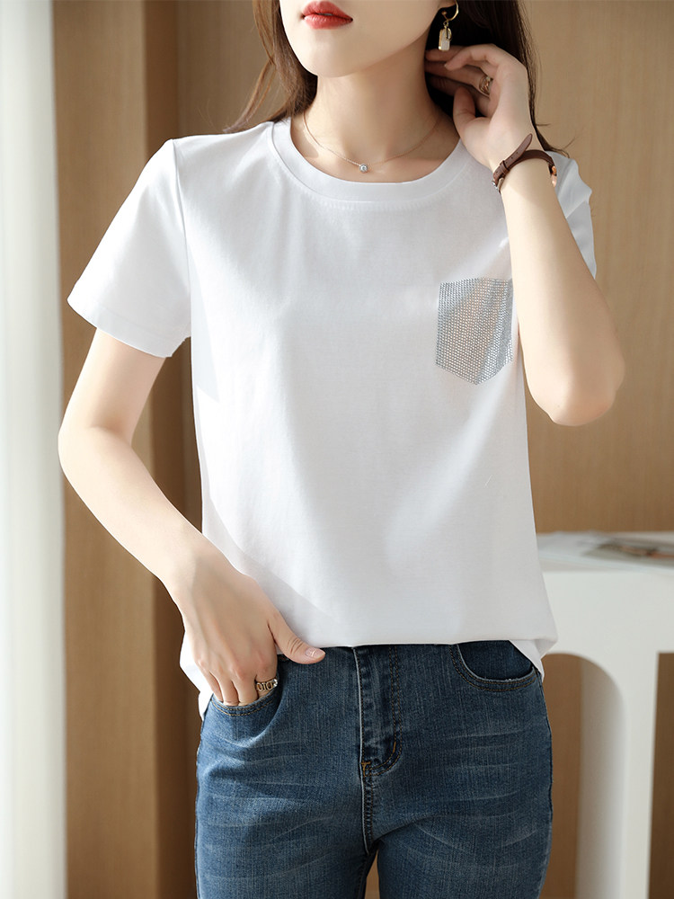 2024夏季新款前丝后棉真丝拼接T恤女桑蚕丝圆领缎面印花烫钻短袖,女装T恤,元素羊绒