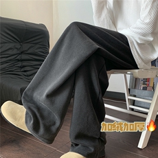 水洗做旧直筒加绒卫裤男春秋垂坠阔腿弯刀裤子慵懒风美式休闲长裤，男装休闲裤，电商D258